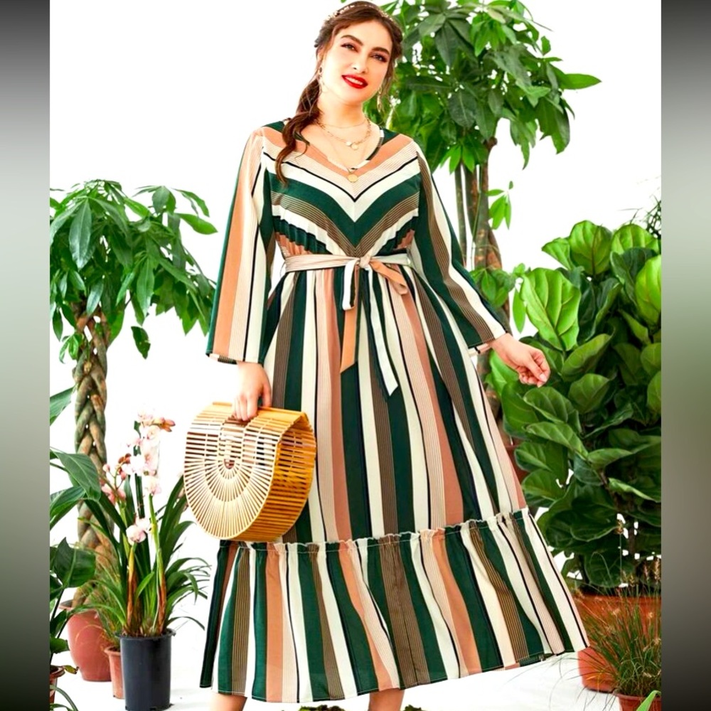 Plus Block Striped Frill Trim Belted Dress